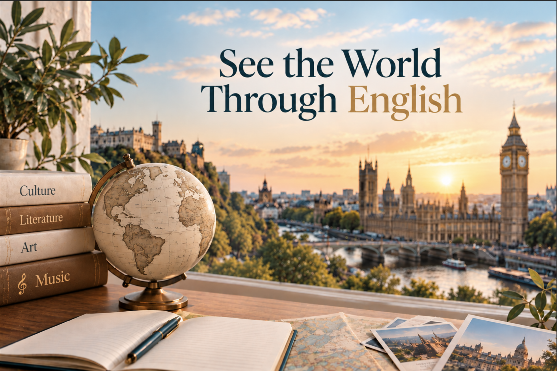 Globus i książki na biurku, w tle Londyn — Westminster i Big Ben o zachodzie słońca